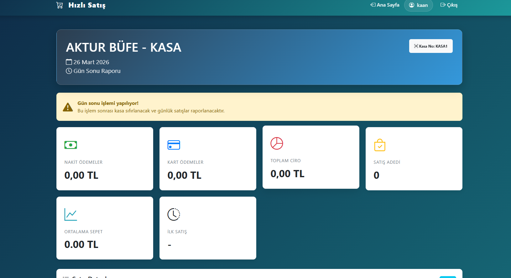 Gün sonu rapor ekranı