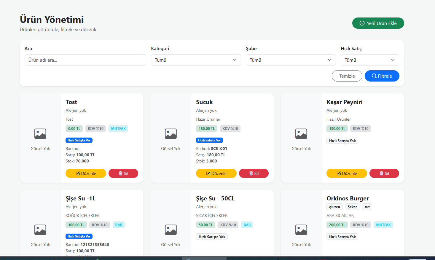 Ürün yönetimi ekranı